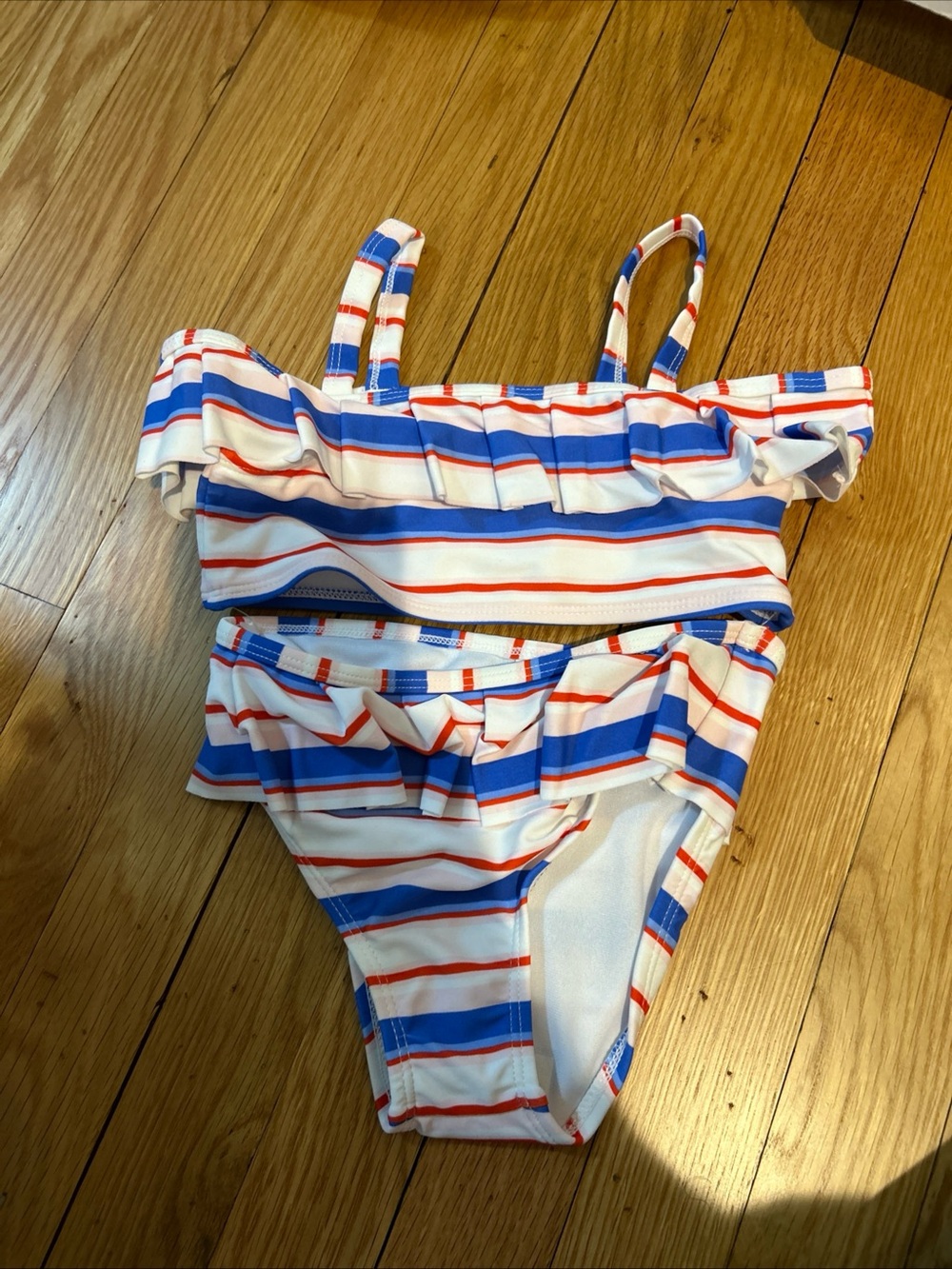 Janie and Jack Girls' Striped Ruffle Bikini — White, Blue & Red